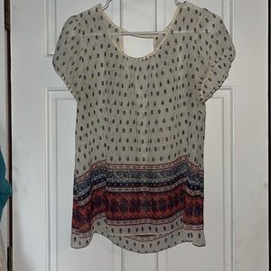 Cute feminine blouse - white, blue, orange, floral see through top